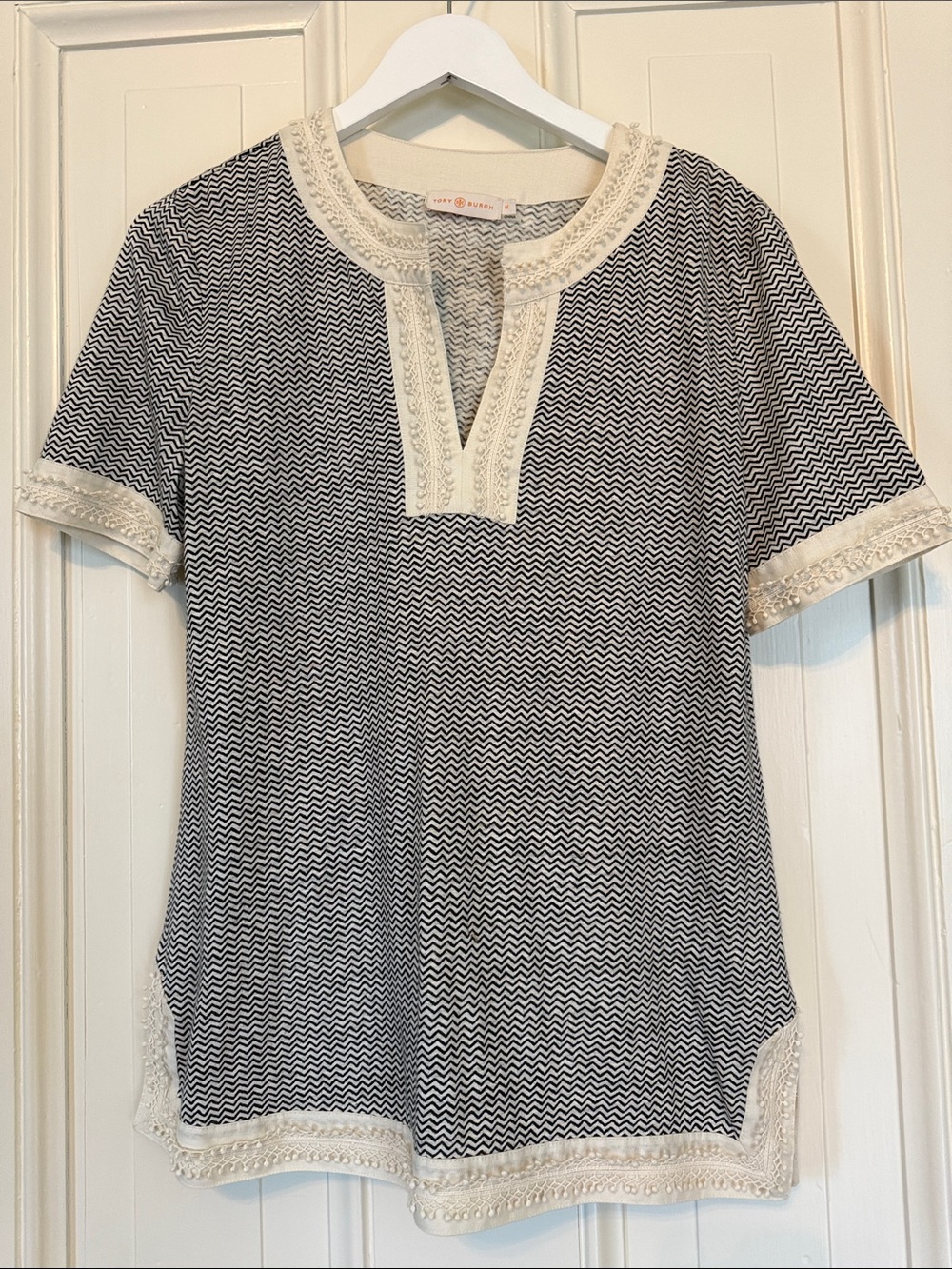 Tory Burch Navy snd Cream Short-Sleeve Top with Cream detailed Trim